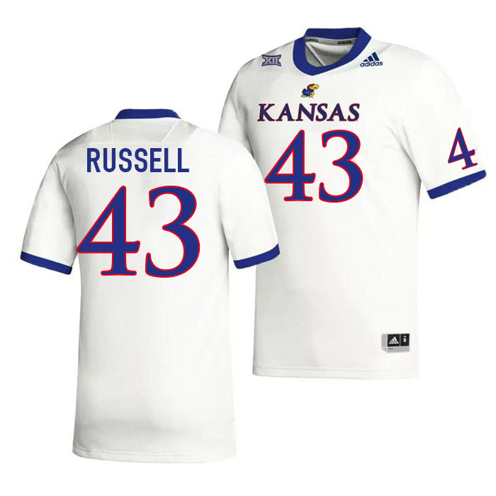 Men #43 Andrew Russell Kansas Jayhawks College Football Jerseys Stitched Sale-White - Click Image to Close